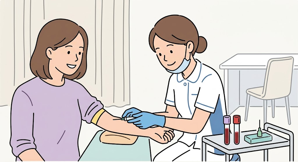 甲状腺ホルモンや自己抗体を調べるための採血検査を受ける女性