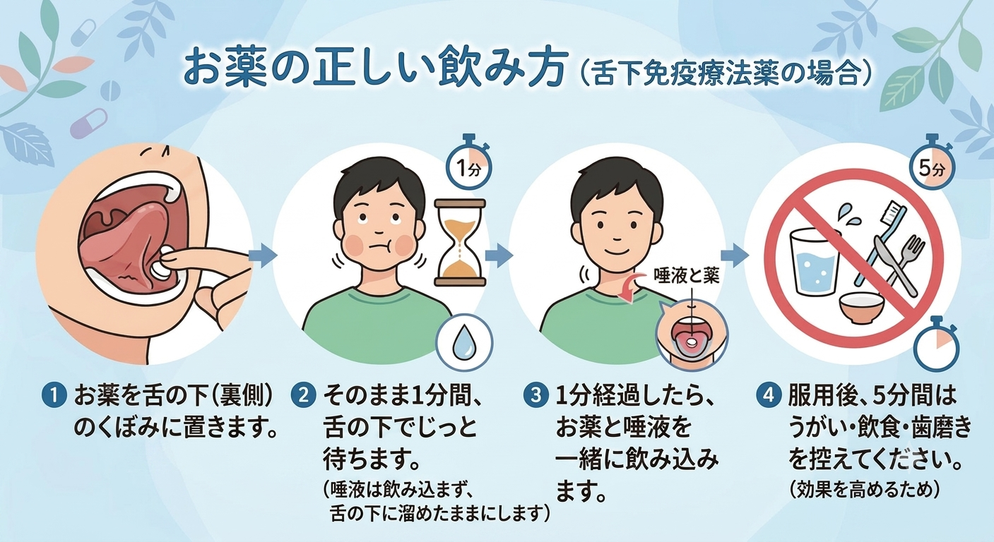 舌下免疫療法薬（シダキュア・ミティキュア共通）の正しい服用方法の4ステップ手順解説イラスト